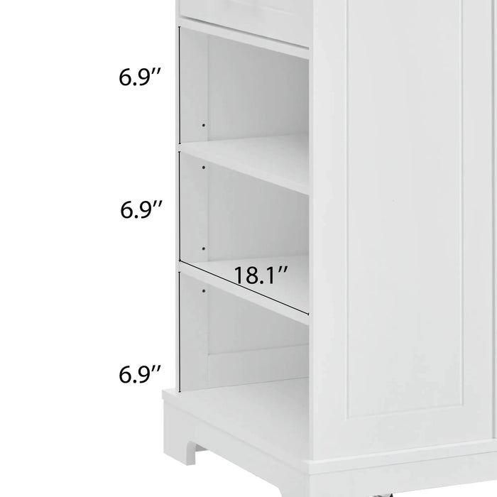 K&K Fluted Kitchen Island with Trash Can Storage Cabinet, Power Outlet, Internal Storage Rack, Rolling Kitchen Islands on 5 Wheels with 3 Drawer, 3 Open Side Racks for 10 Gallon Garbage Bin, White Default -DTYStore