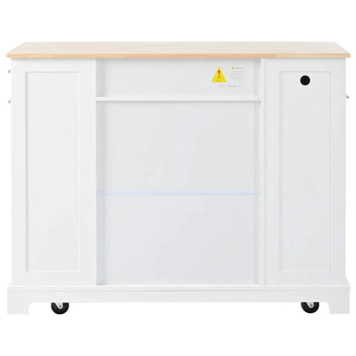 K&K Fluted Kitchen Island with Trash Can Storage Cabinet, Power Outlet, Internal Storage Rack, Rolling Kitchen Islands on 5 Wheels with 3 Drawer, 3 Open Side Racks for 10 Gallon Garbage Bin, White Default -DTYStore