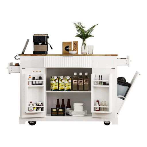 K&K Fluted Kitchen Island with Trash Can Storage Cabinet, Power Outlet, Internal Storage Rack, Rolling Kitchen Islands on 5 Wheels with 3 Drawer, 3 Open Side Racks for 10 Gallon Garbage Bin, White Default -DTYStore