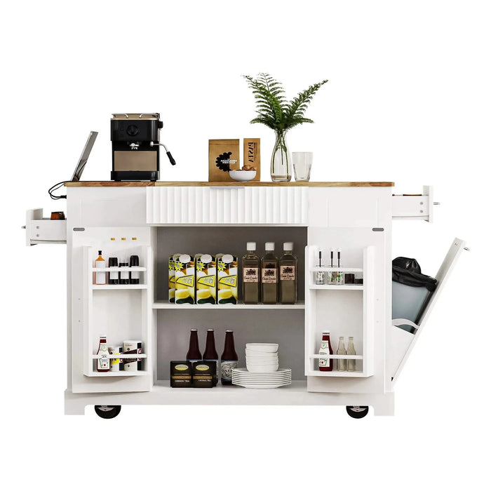 K&K Fluted Kitchen Island with Trash Can Storage Cabinet, Power Outlet, Internal Storage Rack, Rolling Kitchen Islands on 5 Wheels with 3 Drawer, 3 Open Side Racks for 10 Gallon Garbage Bin, White Default -DTYStore
