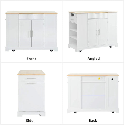 K&K Fluted Kitchen Island with Trash Can Storage Cabinet, Power Outlet, Internal Storage Rack, Rolling Kitchen Islands on 5 Wheels with 3 Drawer, 3 Open Side Racks for 10 Gallon Garbage Bin, White Default -DTYStore
