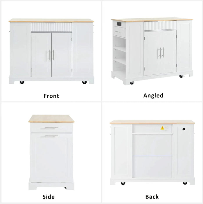 K&K Fluted Kitchen Island with Trash Can Storage Cabinet, Power Outlet, Internal Storage Rack, Rolling Kitchen Islands on 5 Wheels with 3 Drawer, 3 Open Side Racks for 10 Gallon Garbage Bin, White Default -DTYStore