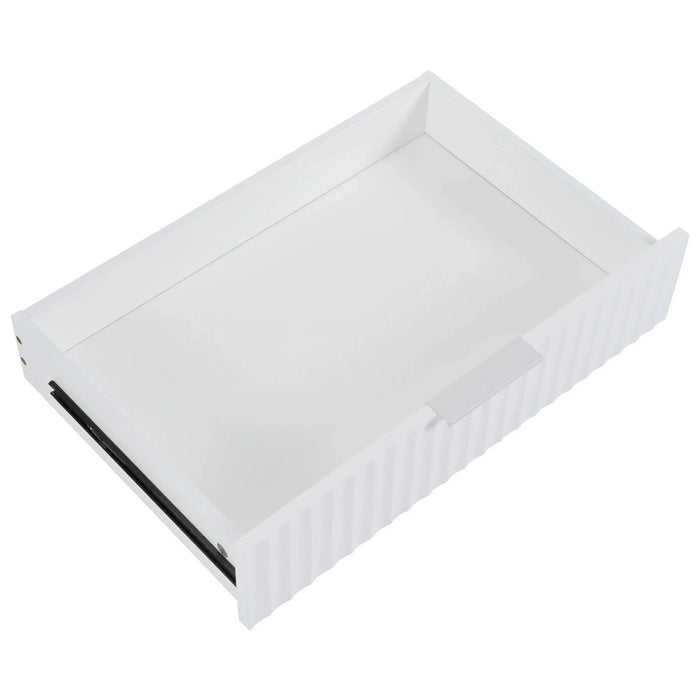 K&K Fluted Kitchen Island with Trash Can Storage Cabinet, Power Outlet, Internal Storage Rack, Rolling Kitchen Islands on 5 Wheels with 3 Drawer, 3 Open Side Racks for 10 Gallon Garbage Bin, White Default -DTYStore