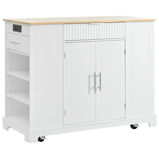 K&K Fluted Kitchen Island with Trash Can Storage Cabinet, Power Outlet, Internal Storage Rack, Rolling Kitchen Islands on 5 Wheels with 3 Drawer, 3 Open Side Racks for 10 Gallon Garbage Bin, White Default -DTYStore