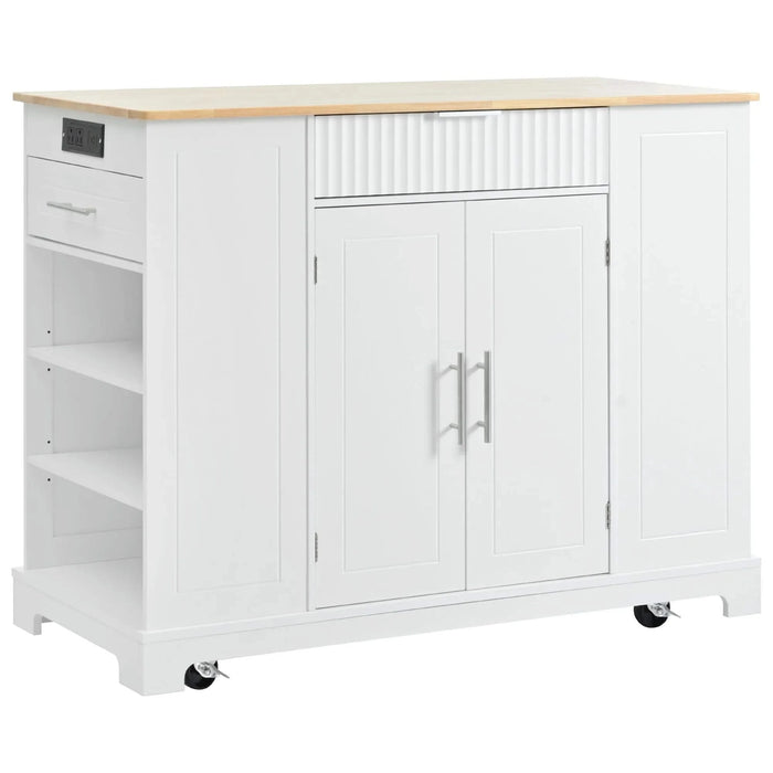 K&K Fluted Kitchen Island with Trash Can Storage Cabinet, Power Outlet, Internal Storage Rack, Rolling Kitchen Islands on 5 Wheels with 3 Drawer, 3 Open Side Racks for 10 Gallon Garbage Bin, White Default -DTYStore
