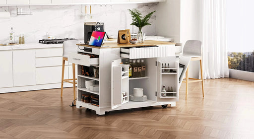 K&K Fluted Kitchen Island with Trash Can Storage Cabinet, Power Outlet, Internal Storage Rack, Rolling Kitchen Islands on 5 Wheels with 3 Drawer, 3 Open Side Racks for 10 Gallon Garbage Bin, White Default -DTYStore