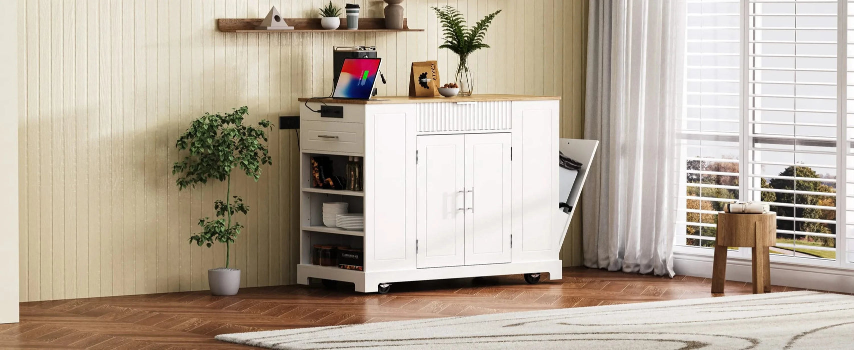 K&K Fluted Kitchen Island with Trash Can Storage Cabinet, Power Outlet, Internal Storage Rack, Rolling Kitchen Islands on 5 Wheels with 3 Drawer, 3 Open Side Racks for 10 Gallon Garbage Bin, White Default -DTYStore