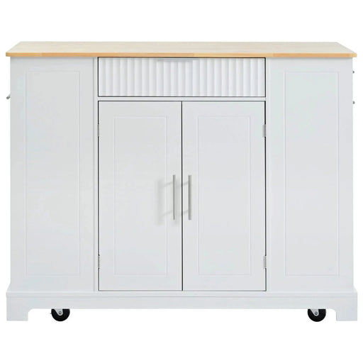 K&K Fluted Kitchen Island with Trash Can Storage Cabinet, Power Outlet, Internal Storage Rack, Rolling Kitchen Islands on 5 Wheels with 3 Drawer, 3 Open Side Racks for 10 Gallon Garbage Bin, White Default -DTYStore