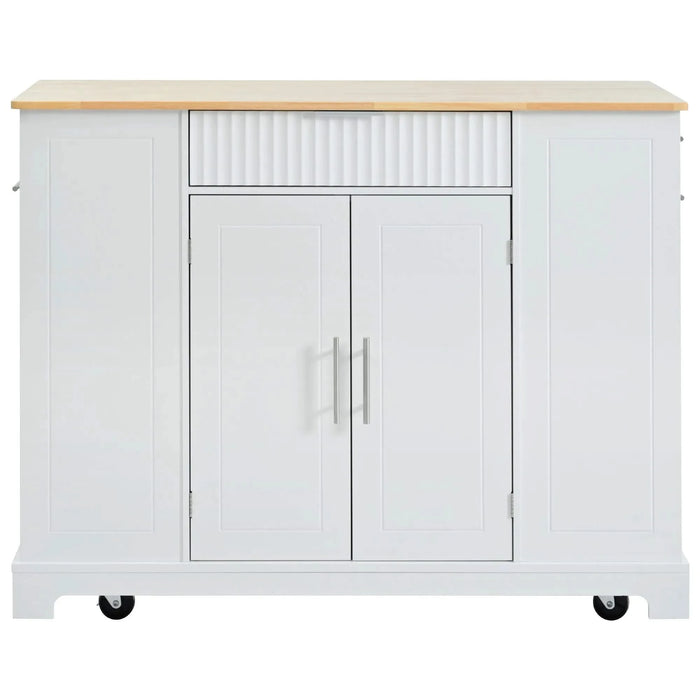 K&K Fluted Kitchen Island with Trash Can Storage Cabinet, Power Outlet, Internal Storage Rack, Rolling Kitchen Islands on 5 Wheels with 3 Drawer, 3 Open Side Racks for 10 Gallon Garbage Bin, White Default -DTYStore