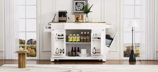 K&K Fluted Kitchen Island with Trash Can Storage Cabinet, Power Outlet, Internal Storage Rack, Rolling Kitchen Islands on 5 Wheels with 3 Drawer, 3 Open Side Racks for 10 Gallon Garbage Bin, White Default -DTYStore