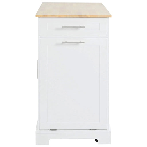 K&K Fluted Kitchen Island with Trash Can Storage Cabinet, Power Outlet, Internal Storage Rack, Rolling Kitchen Islands on 5 Wheels with 3 Drawer, 3 Open Side Racks for 10 Gallon Garbage Bin, White Default -DTYStore