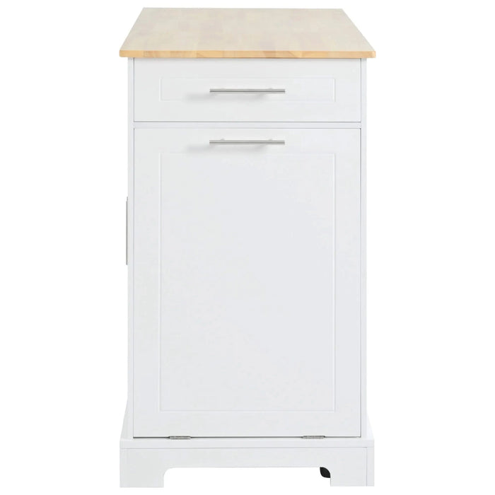 K&K Fluted Kitchen Island with Trash Can Storage Cabinet, Power Outlet, Internal Storage Rack, Rolling Kitchen Islands on 5 Wheels with 3 Drawer, 3 Open Side Racks for 10 Gallon Garbage Bin, White Default -DTYStore