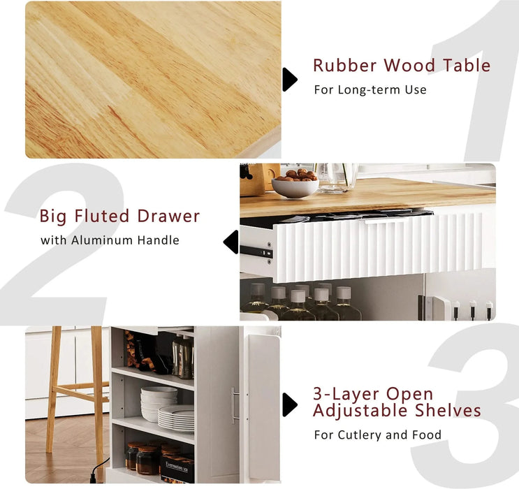 K&K Fluted Kitchen Island with Trash Can Storage Cabinet, Power Outlet, Internal Storage Rack, Rolling Kitchen Islands on 5 Wheels with 3 Drawer, 3 Open Side Racks for 10 Gallon Garbage Bin, White Default -DTYStore
