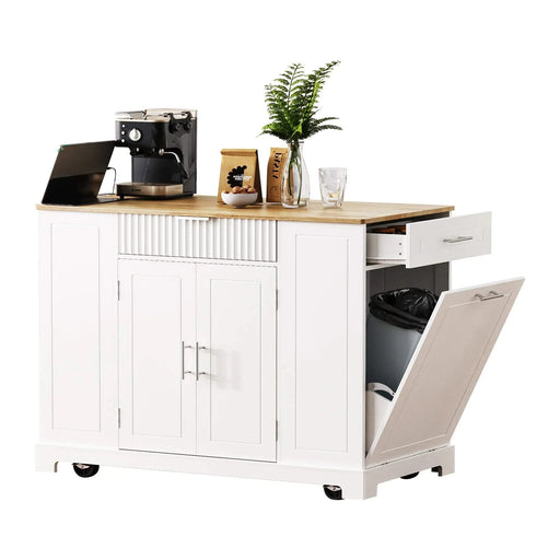 K&K Fluted Kitchen Island with Trash Can Storage Cabinet, Power Outlet, Internal Storage Rack, Rolling Kitchen Islands on 5 Wheels with 3 Drawer, 3 Open Side Racks for 10 Gallon Garbage Bin, White Default -DTYStore
