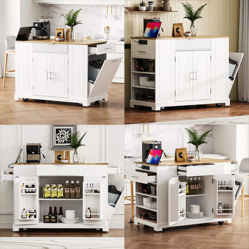 K&K Fluted Kitchen Island with Trash Can Storage Cabinet, Power Outlet, Internal Storage Rack, Rolling Kitchen Islands on 5 Wheels with 3 Drawer, 3 Open Side Racks for 10 Gallon Garbage Bin, White Default -DTYStore