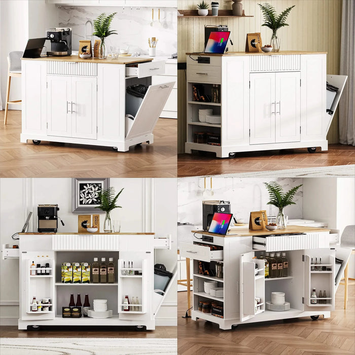 K&K Fluted Kitchen Island with Trash Can Storage Cabinet, Power Outlet, Internal Storage Rack, Rolling Kitchen Islands on 5 Wheels with 3 Drawer, 3 Open Side Racks for 10 Gallon Garbage Bin, White Default -DTYStore