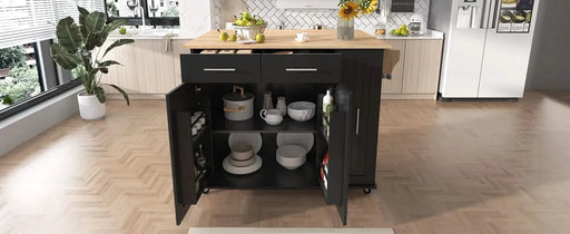 K&K Kitchen Island with Drop Leaf, Kitchen Storage Cart with 3 Tier Pull Out Cabinet Organizer, Internal Storage Rack, Rolling Kitchen Cart on Wheels with Towel Rack, 2 Drawers, for Kitchen, Black -DTYStore