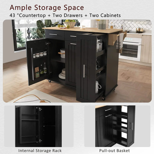 K&K Kitchen Island with Drop Leaf, Kitchen Storage Cart with 3 Tier Pull Out Cabinet Organizer, Internal Storage Rack, Rolling Kitchen Cart on Wheels with Towel Rack, 2 Drawers, for Kitchen, Black -DTYStore