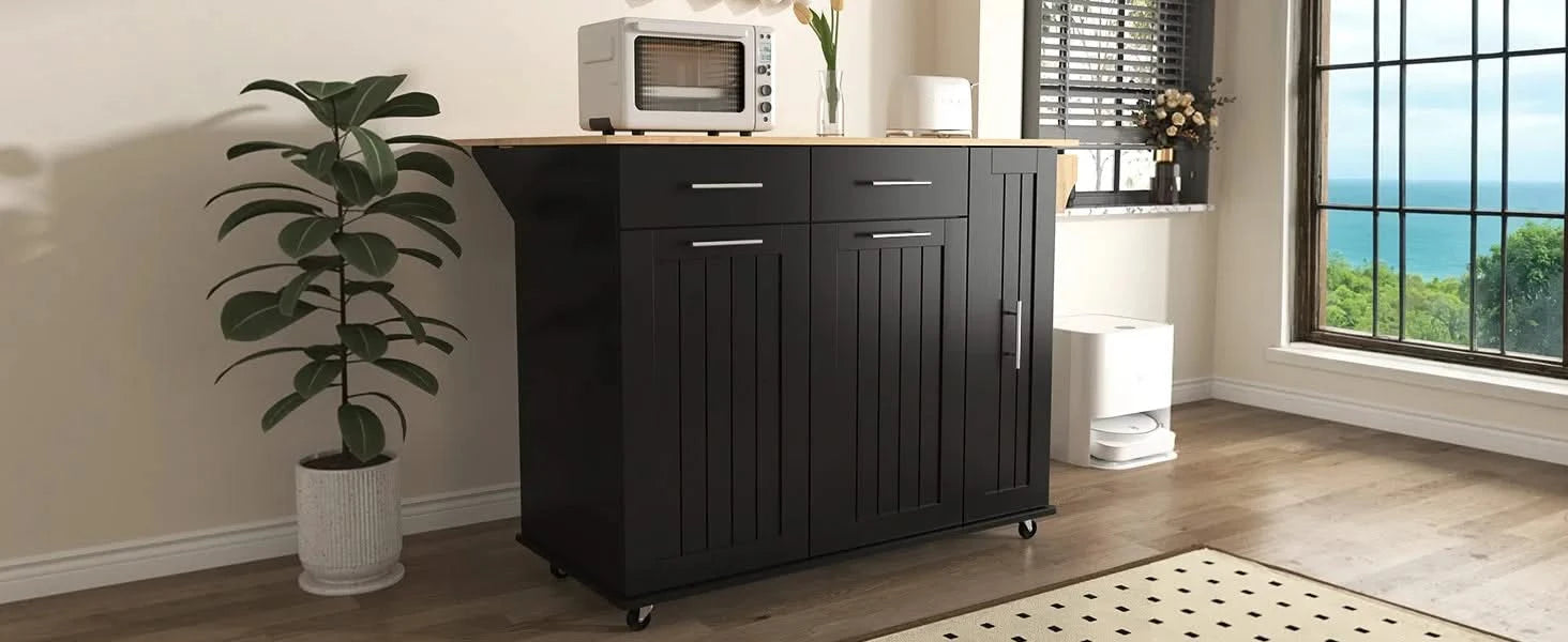 K&K Kitchen Island with Drop Leaf, Kitchen Storage Cart with 3 Tier Pull Out Cabinet Organizer, Internal Storage Rack, Rolling Kitchen Cart on Wheels with Towel Rack, 2 Drawers, for Kitchen, Black -DTYStore