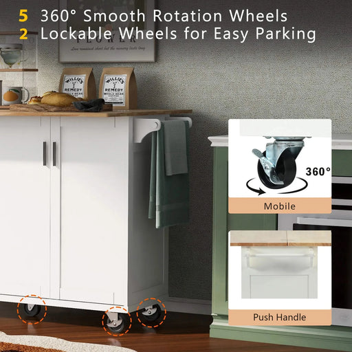K&K Kitchen Island with Foldable Counter Top, Kitchen Storage Cart with Slide-Out Shelf, Towel Rack and Drawer, Rolling Kitchen Cart on Wheels, for Kitchen, Living Room, Dining Room, White Default -DTYStore