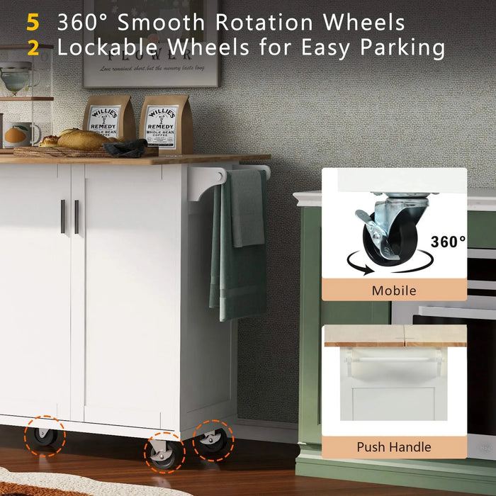 K&K Kitchen Island with Foldable Counter Top, Kitchen Storage Cart with Slide-Out Shelf, Towel Rack and Drawer, Rolling Kitchen Cart on Wheels, for Kitchen, Living Room, Dining Room, White Default -DTYStore