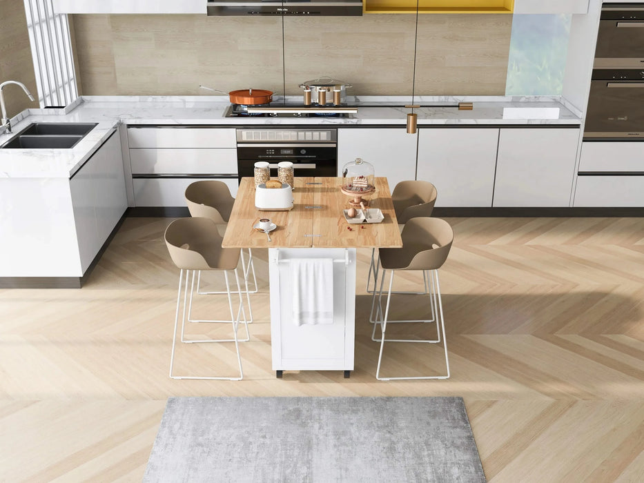 K&K Kitchen Island with Foldable Counter Top, Kitchen Storage Cart with Slide-Out Shelf, Towel Rack and Drawer, Rolling Kitchen Cart on Wheels, for Kitchen, Living Room, Dining Room, White Default -DTYStore