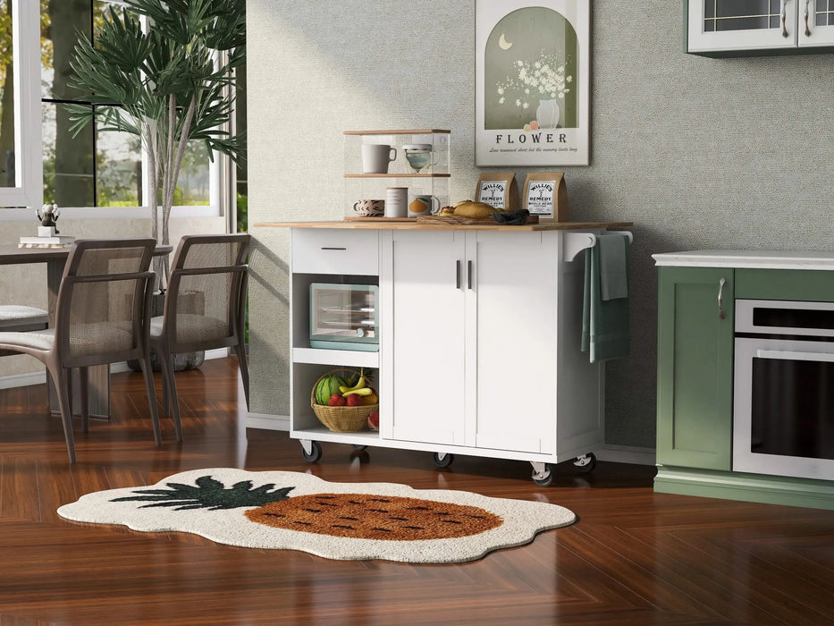 K&K Kitchen Island with Foldable Counter Top, Kitchen Storage Cart with Slide-Out Shelf, Towel Rack and Drawer, Rolling Kitchen Cart on Wheels, for Kitchen, Living Room, Dining Room, White Default -DTYStore