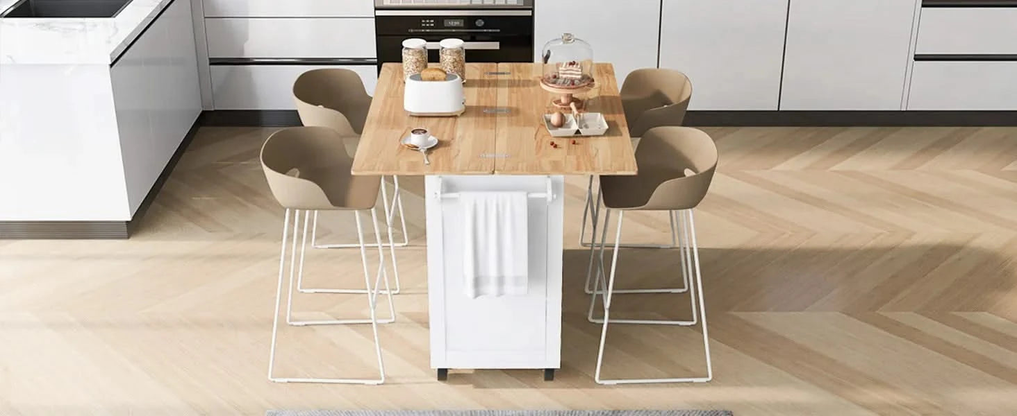 K&K Kitchen Island with Foldable Counter Top, Kitchen Storage Cart with Slide-Out Shelf, Towel Rack and Drawer, Rolling Kitchen Cart on Wheels, for Kitchen, Living Room, Dining Room, White Default -DTYStore