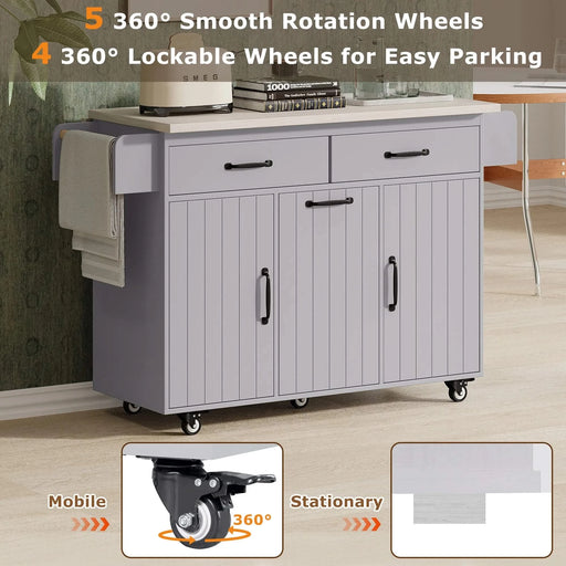 K&K Kitchen Island with Trash Can Storage Cabinet, Kitchen Cart with Drop Leaf, Spice Rack, Towel Rack and Drawer, Rolling Kitchen Island on Wheels with Adjustable Shelf, Grey Default -DTYStore