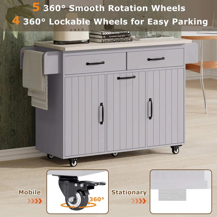 K&K Kitchen Island with Trash Can Storage Cabinet, Kitchen Cart with Drop Leaf, Spice Rack, Towel Rack and Drawer, Rolling Kitchen Island on Wheels with Adjustable Shelf, Grey Default -DTYStore