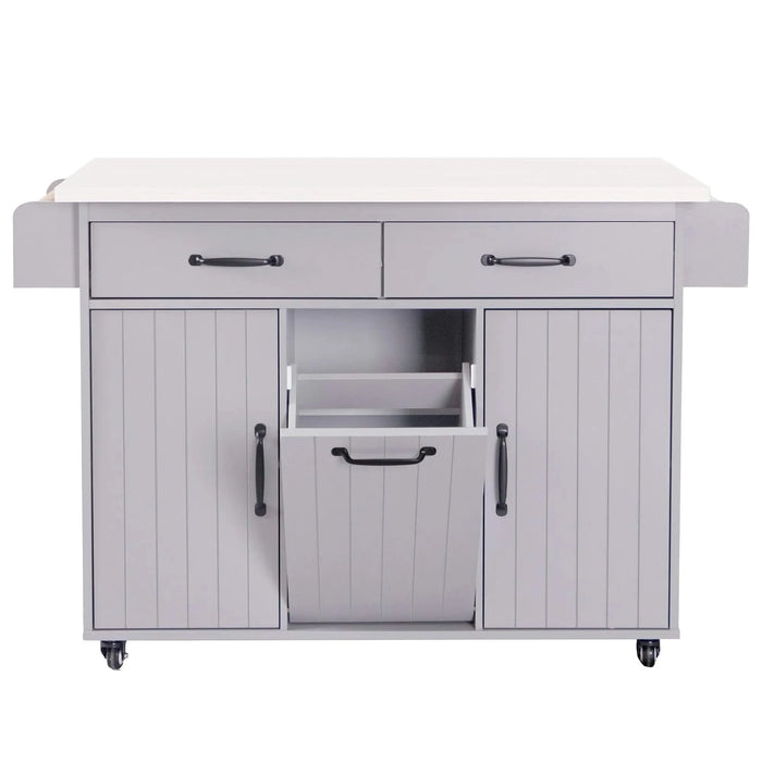 K&K Kitchen Island with Trash Can Storage Cabinet, Kitchen Cart with Drop Leaf, Spice Rack, Towel Rack and Drawer, Rolling Kitchen Island on Wheels with Adjustable Shelf, Grey Default -DTYStore