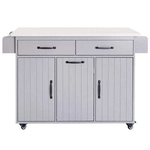 K&K Kitchen Island with Trash Can Storage Cabinet, Kitchen Cart with Drop Leaf, Spice Rack, Towel Rack and Drawer, Rolling Kitchen Island on Wheels with Adjustable Shelf, Grey Default -DTYStore