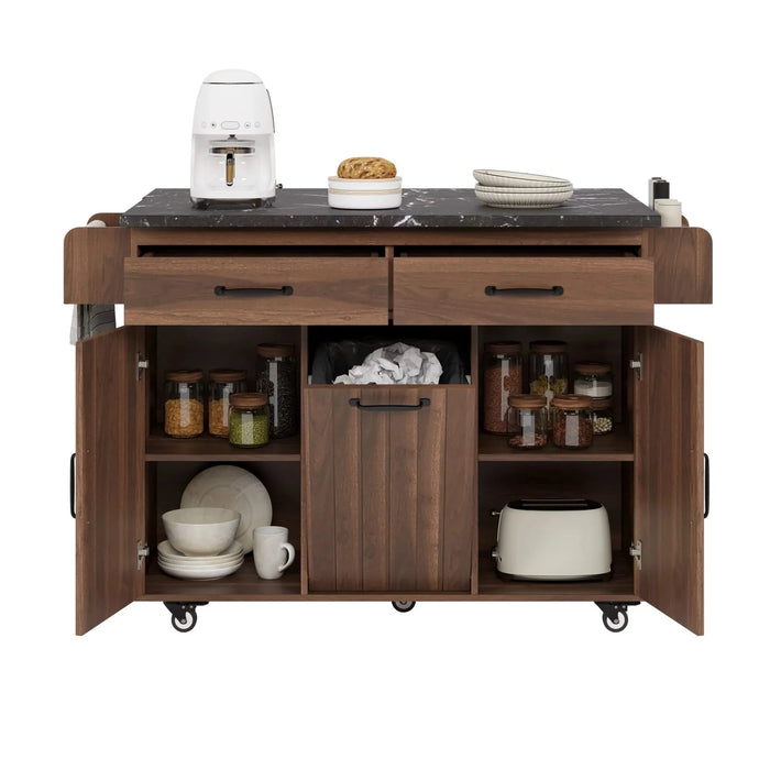 K&K Kitchen Island with Trash Can Storage Cabinet, Kitchen Cart with Drop Leaf, Spice Rack, Towel Rack and Drawer, Rolling Kitchen Island on Wheels with Adjustable Shelf, Walnut Brown Default -DTYStore