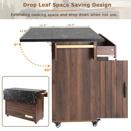 K&K Kitchen Island with Trash Can Storage Cabinet, Kitchen Cart with Drop Leaf, Spice Rack, Towel Rack and Drawer, Rolling Kitchen Island on Wheels with Adjustable Shelf, Walnut Brown Default -DTYStore