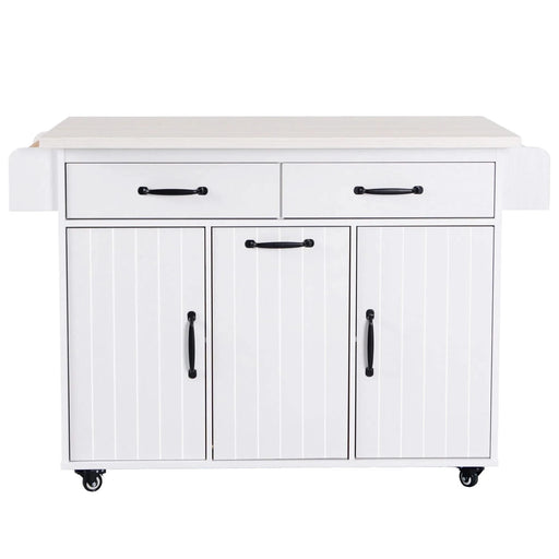 K&K Kitchen Island with Trash Can Storage Cabinet, Kitchen Cart with Drop Leaf, Spice Rack, Towel Rack and Drawer, Rolling Kitchen Island on Wheels with Adjustable Shelf, White Default -DTYStore