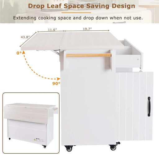 K&K Kitchen Island with Trash Can Storage Cabinet, Kitchen Cart with Drop Leaf, Spice Rack, Towel Rack and Drawer, Rolling Kitchen Island on Wheels with Adjustable Shelf, White Default -DTYStore