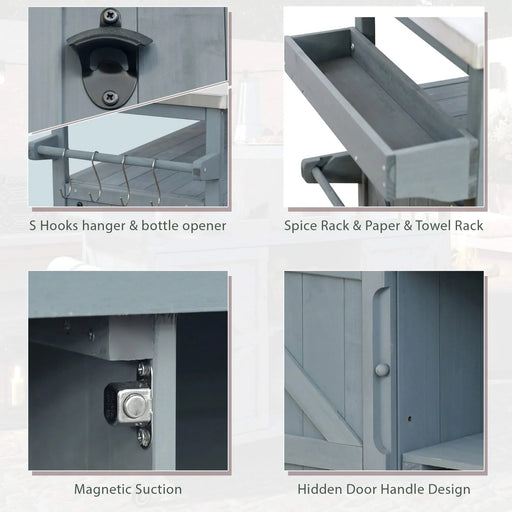 K&K Outdoor Kitchen Island, Rolling Bar Cart & Storage Cabinet, Farmhouse Solid Wood Outdoor Grill Table with Stainless Steel Top, Spice Rack , Towel Rack for Kitchen & BBQ , Grey Blue Default -DTYStore