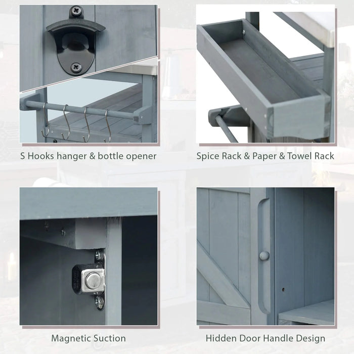 K&K Outdoor Kitchen Island, Rolling Bar Cart & Storage Cabinet, Farmhouse Solid Wood Outdoor Grill Table with Stainless Steel Top, Spice Rack , Towel Rack for Kitchen & BBQ , Grey Blue Default -DTYStore