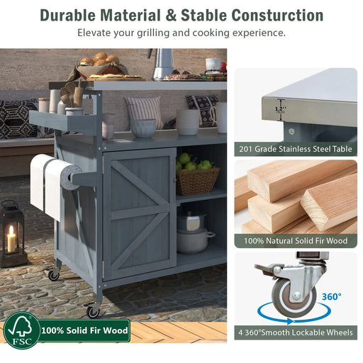 K&K Outdoor Kitchen Island, Rolling Bar Cart & Storage Cabinet, Farmhouse Solid Wood Outdoor Grill Table with Stainless Steel Top, Spice Rack , Towel Rack for Kitchen & BBQ , Grey Blue Default -DTYStore