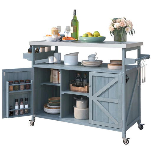 K&K Outdoor Kitchen Island, Rolling Bar Cart & Storage Cabinet, Farmhouse Solid Wood Outdoor Grill Table with Stainless Steel Top, Spice Rack , Towel Rack for Kitchen & BBQ , Grey Blue Default -DTYStore