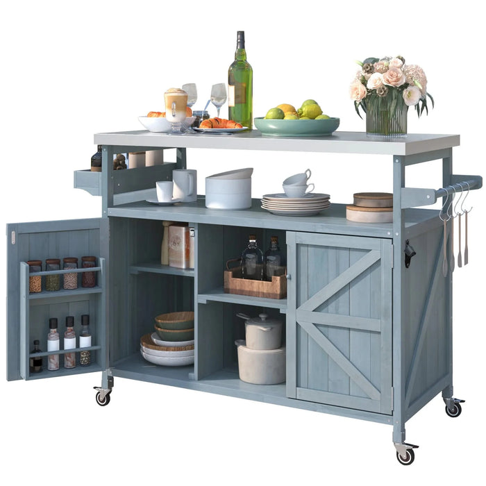 K&K Outdoor Kitchen Island, Rolling Bar Cart & Storage Cabinet, Farmhouse Solid Wood Outdoor Grill Table with Stainless Steel Top, Spice Rack , Towel Rack for Kitchen & BBQ , Grey Blue Default -DTYStore