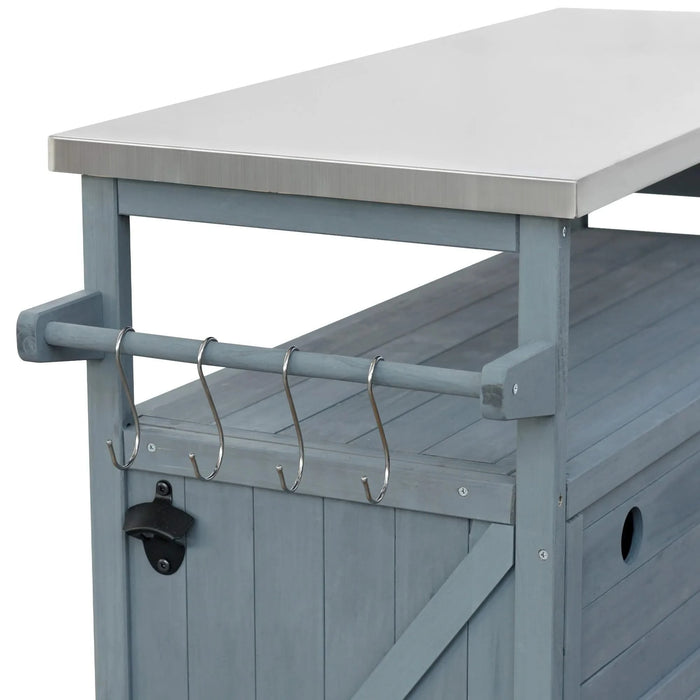 K&K Outdoor Kitchen Island, Rolling Bar Cart & Storage Cabinet, Farmhouse Solid Wood Outdoor Grill Table with Stainless Steel Top, Spice Rack , Towel Rack for Kitchen & BBQ , Grey Blue Default -DTYStore
