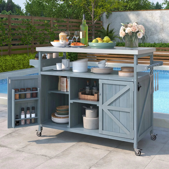 K&K Outdoor Kitchen Island, Rolling Bar Cart & Storage Cabinet, Farmhouse Solid Wood Outdoor Grill Table with Stainless Steel Top, Spice Rack , Towel Rack for Kitchen & BBQ , Grey Blue Default -DTYStore