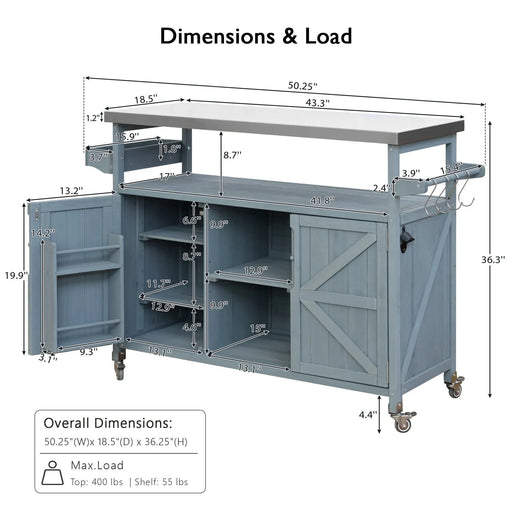 K&K Outdoor Kitchen Island, Rolling Bar Cart & Storage Cabinet, Farmhouse Solid Wood Outdoor Grill Table with Stainless Steel Top, Spice Rack , Towel Rack for Kitchen & BBQ , Grey Blue Default -DTYStore