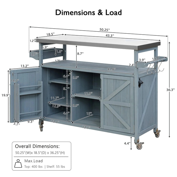 K&K Outdoor Kitchen Island, Rolling Bar Cart & Storage Cabinet, Farmhouse Solid Wood Outdoor Grill Table with Stainless Steel Top, Spice Rack , Towel Rack for Kitchen & BBQ , Grey Blue Default -DTYStore