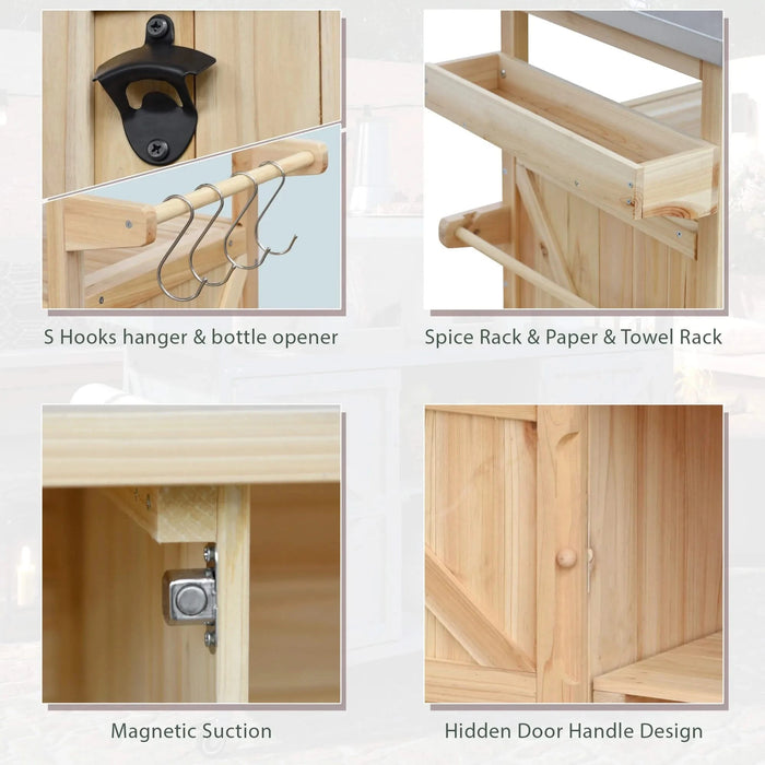 K&K Outdoor Kitchen Island, Rolling Bar Cart & Storage Cabinet, Farmhouse Solid Wood Outdoor Grill Table with Stainless Steel Top, Spice Rack , Towel Rack for Kitchen & BBQ , Natural Default -DTYStore