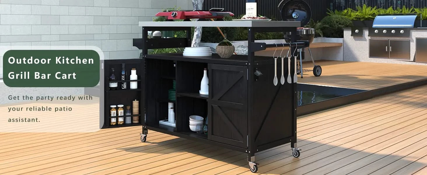 K&K Outdoor Kitchen Island, Rolling Bar Cart & Storage Cabinet, Farmhouse Solid Wood Outdoor Grill Table with Stainless Steel Top, Spice Rack , Towel Rack for Kitchen & Barbecue, Black Default -DTYStore