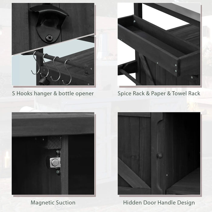 K&K Outdoor Kitchen Island, Rolling Bar Cart & Storage Cabinet, Farmhouse Solid Wood Outdoor Grill Table with Stainless Steel Top, Spice Rack , Towel Rack for Kitchen & Barbecue, Black Default -DTYStore