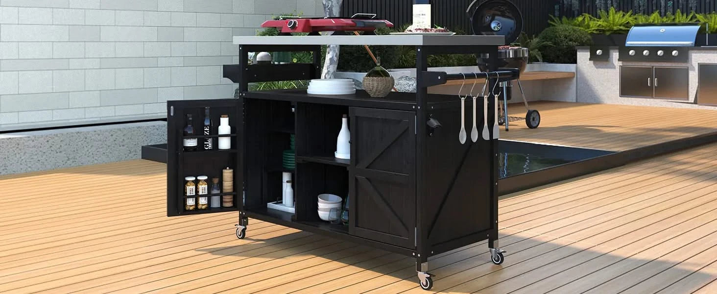 K&K Outdoor Kitchen Island, Rolling Bar Cart & Storage Cabinet, Farmhouse Solid Wood Outdoor Grill Table with Stainless Steel Top, Spice Rack , Towel Rack for Kitchen & Barbecue, Black Default -DTYStore