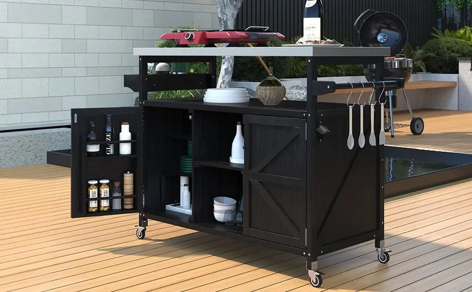K&K Outdoor Kitchen Island, Rolling Bar Cart & Storage Cabinet, Farmhouse Solid Wood Outdoor Grill Table with Stainless Steel Top, Spice Rack , Towel Rack for Kitchen & Barbecue, Black Default -DTYStore